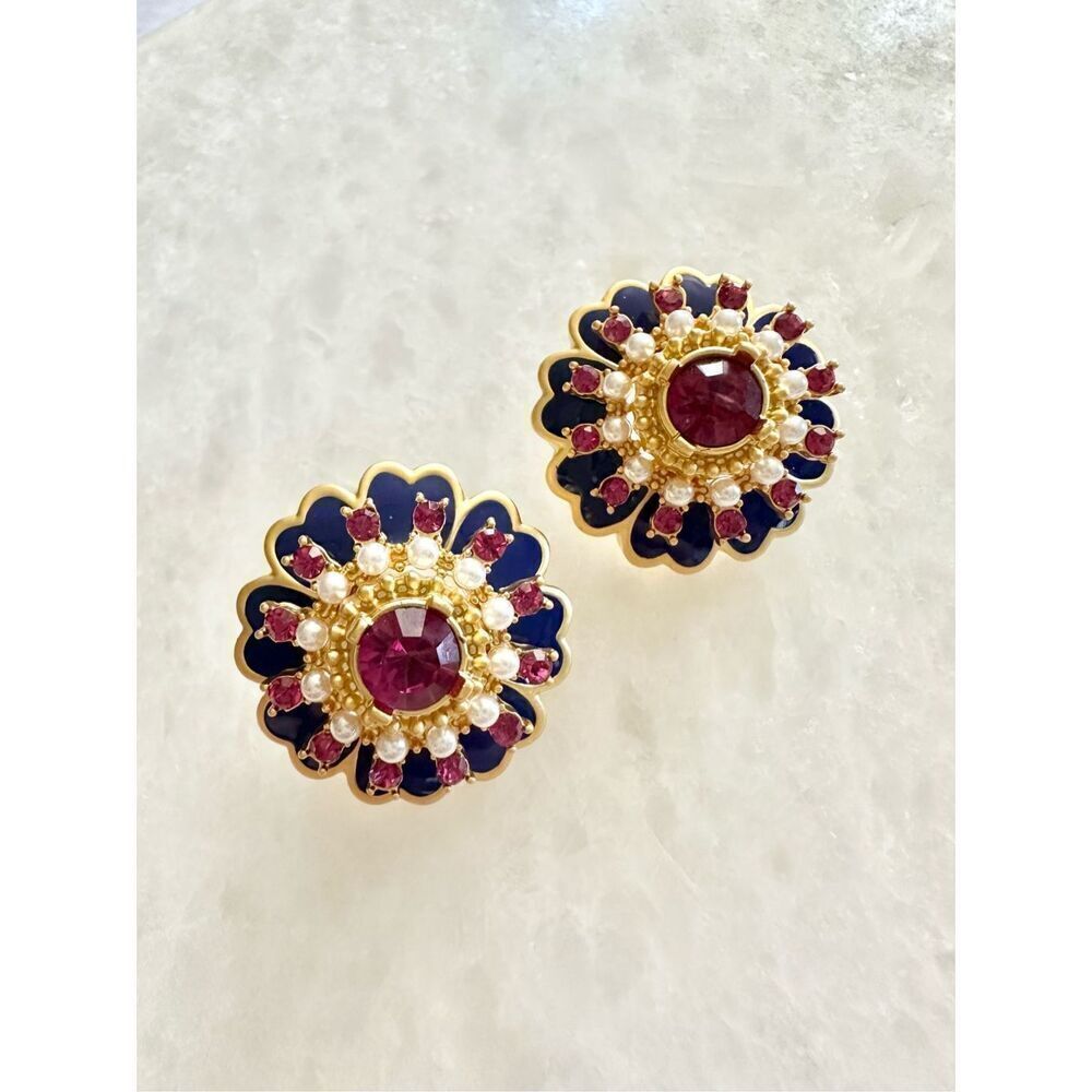 Ruby pink princess stud earrings with faux pearl and dark blue accents ￼
